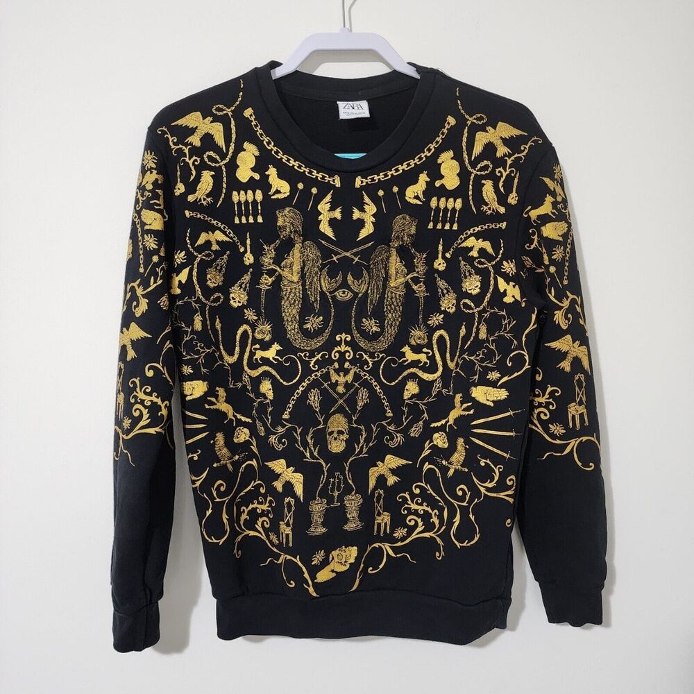 Zara Men's Sweatshirt M Black Gold Embroidered Skull Sword Dice Animal Graphic